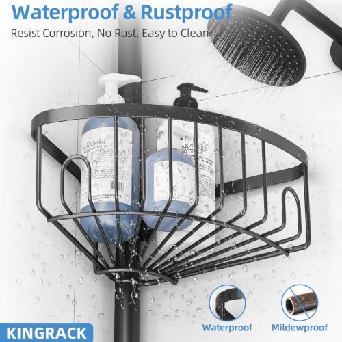 KINGRACK Fan-Shape 4-Tier Tension Pole Shower Caddy Corner Shelf Black