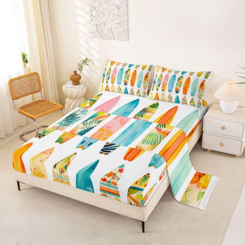 Colorful Surfboard Bed Sheets Set Full Size Beach Style Kids Bedding - Tropical Wave Print