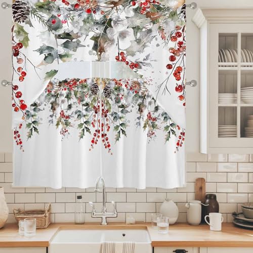 White Winter Christmas Swag Valance and Tier Curtain Set 36" Length