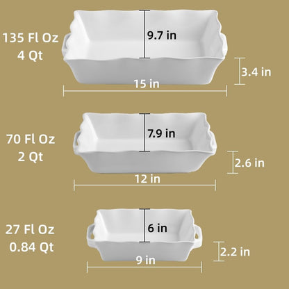 Sweejar Casserole Dishes - Ceramic Bakeware Set of 3 | Rectangular Baking Dish with Handles, White