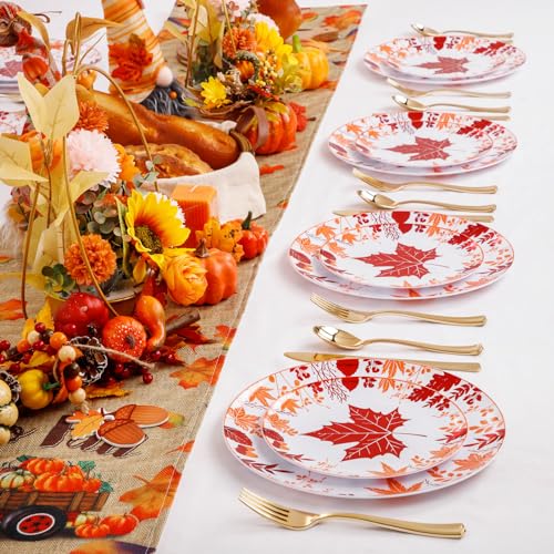 Thanksgiving Plastic Plates Set - Red Orange Round Style for Fall Parties, 30 Dinner & Dessert Plates with Gold Cutlery
