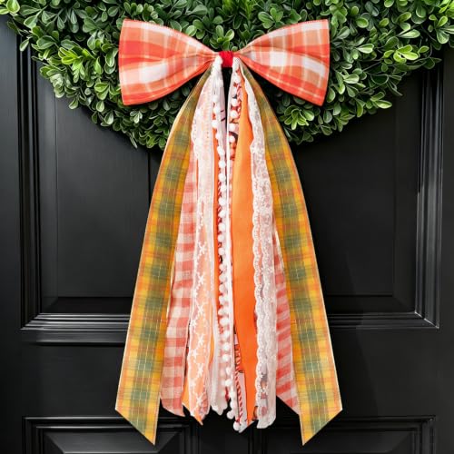 Fall Harvest Wreath Bow - Large Autumn Front Door Decor 27x13 Inches - Orange Variation