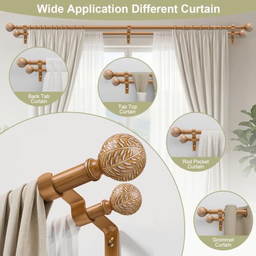 Wood Heavy Duty Double Curtain Rod 72-144 Inch Adjustable 1 Inch Diameter - Faux Wood Grain Finish - Bohemian Style