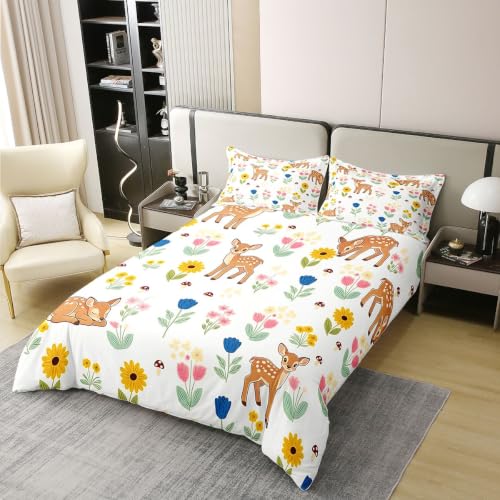 Colorful Botanical Deer Duvet Cover Set Queen with Zipper Closure - Butter Yellow & Saffron Amber Variation - 3 Pieces