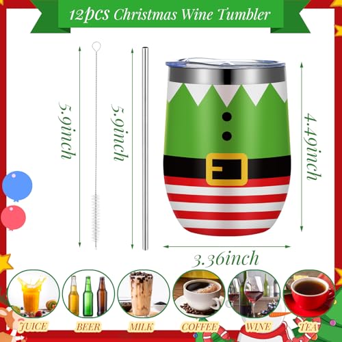 12 Pack Christmas Stainless Steel Insulated Wine Tumblers with Lids & Straws