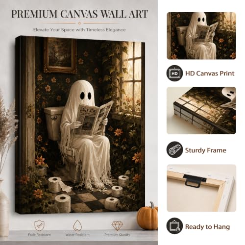 Halloween Canvas Wall Art Ghost Reading Bathroom - 8x10 Inches - Karani
