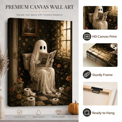 Halloween Canvas Wall Art Ghost Reading Bathroom - 8x10 Inches - Karani