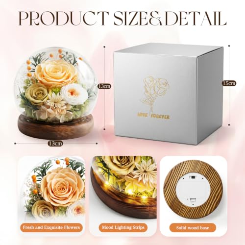Preserved Flower Gift in Glass Dome - Beige Yellow for Mom & Grandma