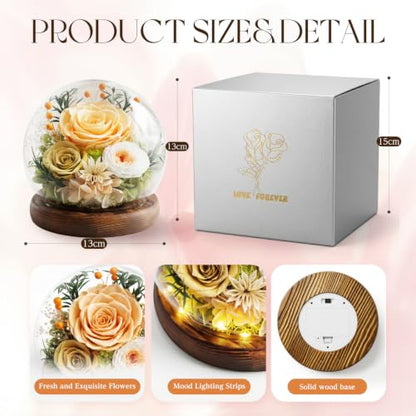 Preserved Flower Gift in Glass Dome - Beige Yellow for Mom & Grandma