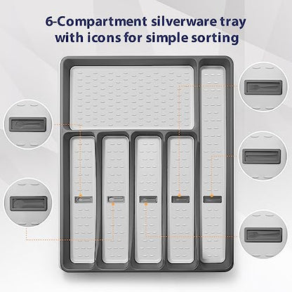 Silverware Organizer with Cutlery Icons，Silverware Tray for Kitchen Drawer，Plastic Flatware Tableware Silverware Drawer Organizer Utensil Organizer with Non-slip TPR Linings，5-Compartment，Pink