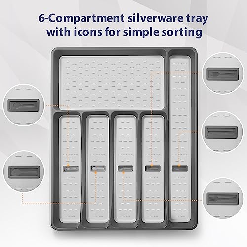 Silverware Organizer with Cutlery Icons，Silverware Tray for Kitchen Drawer，Plastic Flatware Tableware Silverware Drawer Organizer Utensil Organizer with Non-slip TPR Linings，6-Compartment，Pink