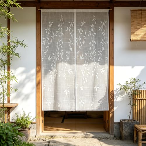 AiDamai 39"W x 63"L Doorway Curtain - Semi-Sheer Room Divider with Willow Embroidery, White-Leaf (1PC) Variation