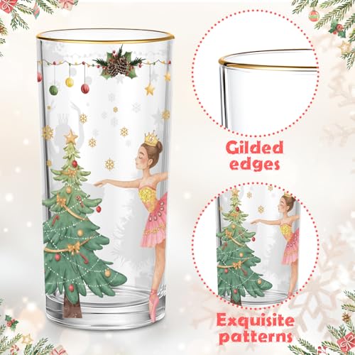 Wonderland Christmas Highball Glasses Set - 15oz Holiday Drinkware with Gold Rim