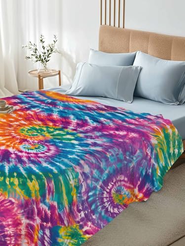 Colorful Tie-Dye Flat Sheet Full Size Ethnic Style Microfiber Bedding - Emerald Green, Light Purple & Orange