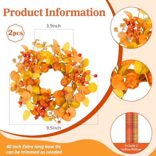 Thanksgiving Mini Eucalyptus Wreath Set - 2 Pcs Fall Decor with Plaid Ribbons