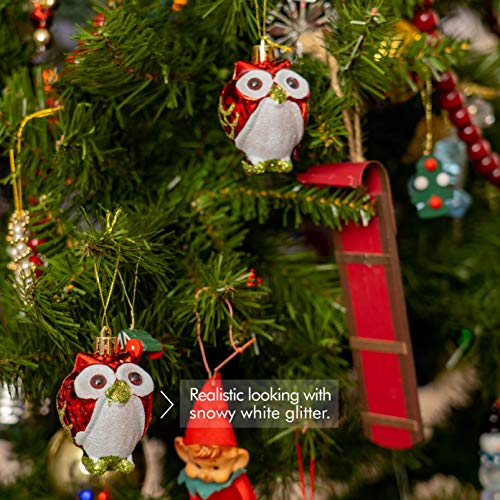 Christmas Owl Ornaments Set - Glitter Animal Tree Decorations, 3 Inches
