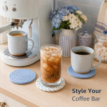 Blue Boho Cotton Woven Drink Coasters Set of 8 with Holder