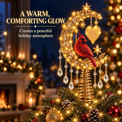 Lighted Angel Christmas Tree Topper - Cardinal Design with Warm Glow & Snowflakes
