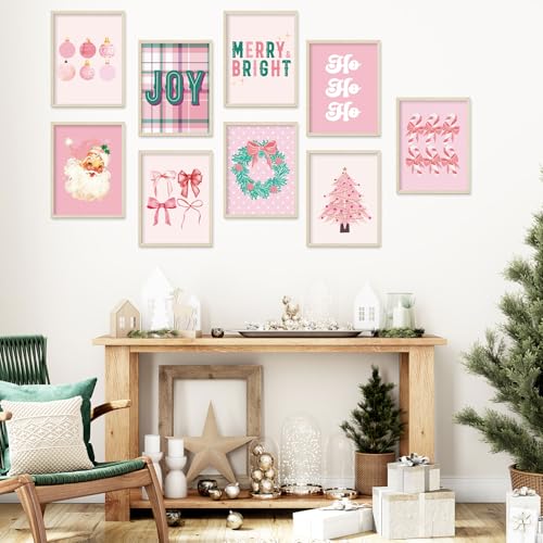 Pink Christmas Wall Art Prints Set - Santa, Tree & Festive Decor, 11 x 14 Inch, 9 Sheets