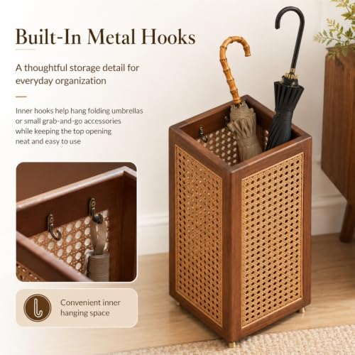 Plastic Rattan Umbrella Stand for Entryway, Tall Square Holder Basket with Drip Tray