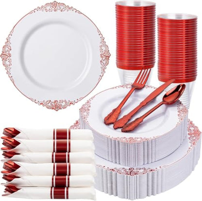 Red Plastic Dinnerware Set for 25 Guests - Includes Plates, Cups, Napkins & Silverware with White and Red Design