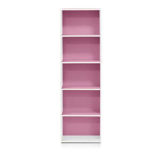 Furinno LUDER Book Shelf, 5-Tier Bookshelf, Bookcase with Open Shelves, 9.4 x 15.8 x 52, Easy Assembly, for Living Room, Bedroom, Home Office, White/Pink