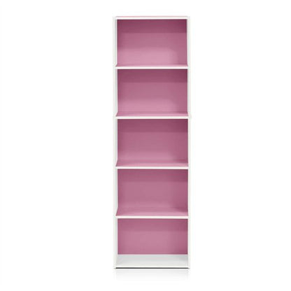 Furinno LUDER Book Shelf, 5-Tier Bookshelf, Bookcase with Open Shelves, 9.4 x 15.8 x 52, Easy Assembly, for Living Room, Bedroom, Home Office, White/Pink