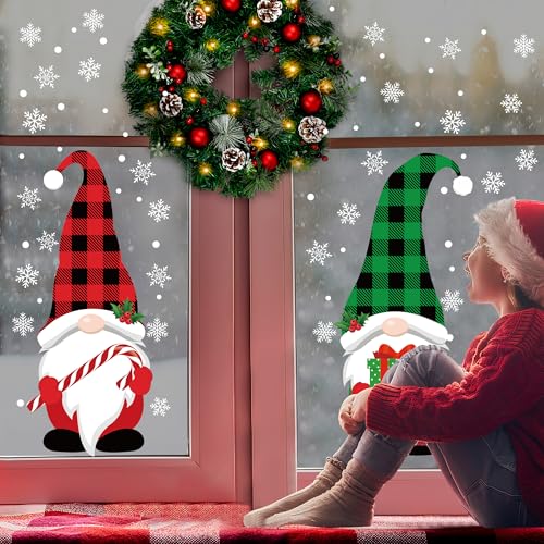 Extra Large Christmas Window Clings 2 Sheets Double-Sided Gnome Snowflake Decor