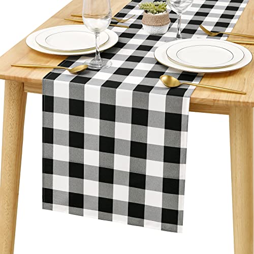 Black and White Buffalo Plaid Table Runner 48x14 Inches - Waterproof Polyester