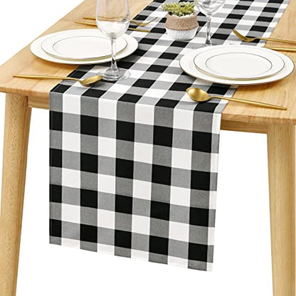 Black and White Buffalo Plaid Table Runner 48x14 Inches - Waterproof Polyester