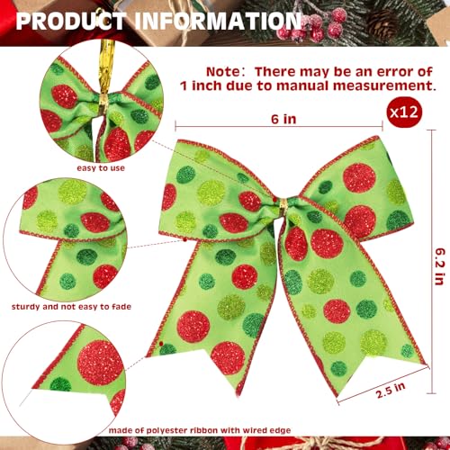 Green Christmas Bow Set - 12pcs 6 Inch Holiday Wreath & Gift Wrap Decorations