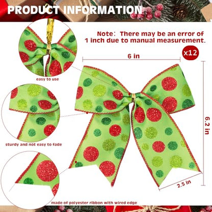 Green Christmas Bow Set - 12pcs 6 Inch Holiday Wreath & Gift Wrap Decorations