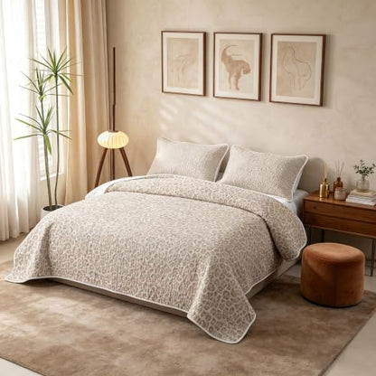 Beige Leopard 3-Piece Quilt Set King Bedding Microfiber All Season