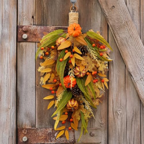 2pcs Artificial Fall Teardrop Swag for Front Door with Pumpkins and Berries