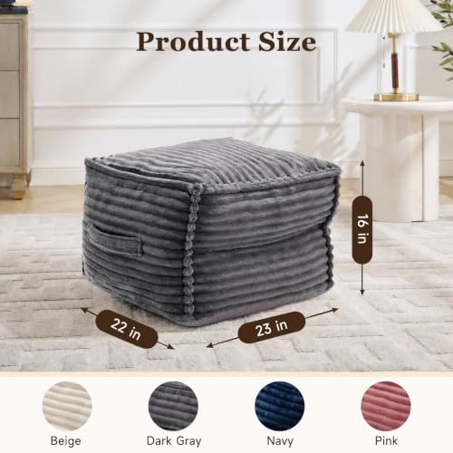Dark Gray Square Stuffed Pouf Ottoman with Foam Filling - 23"D x 22"W x 16"H