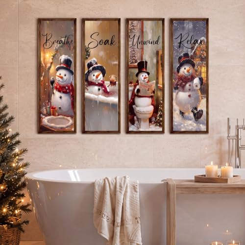 Christmas Snowman Bathroom Wall Decor Set - 4 Pcs Holiday Wall Signs - Unwind, Relax, Breathe