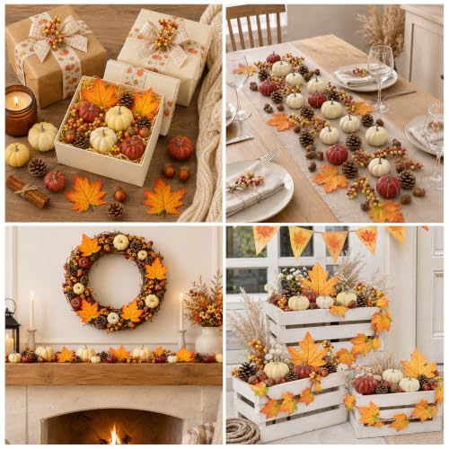 Artificial Pumpkin Decor Fall Mini Pumpkin Ornaments with Maple Leaves & Acorns - 23pcs
