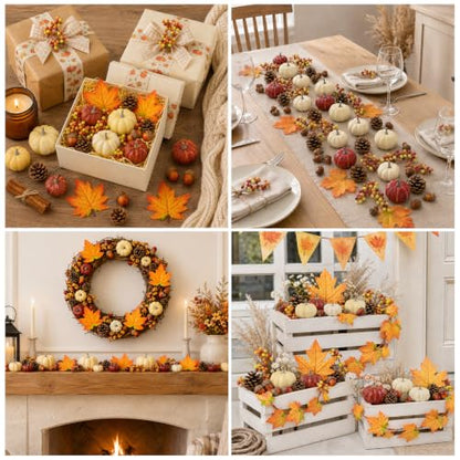 Artificial Pumpkin Decor Fall Mini Pumpkin Ornaments with Maple Leaves & Acorns - 23pcs
