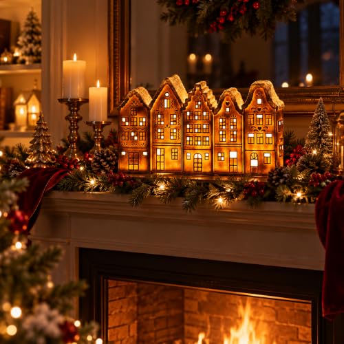 Lighted Gingerbread Christmas Village Decor - 14.5 Inch Holiday Scene with LED Lighting