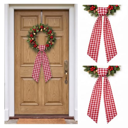 Red Gingham Fabric Sash Wraps for Front Door 2-Pack - 56 Inch Seasonal Decor
