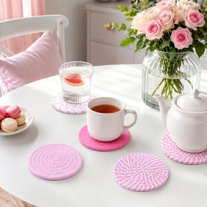 4 Pack Pink Pastel Fabric Coasters for Desk - Absorbent Drink Protectors