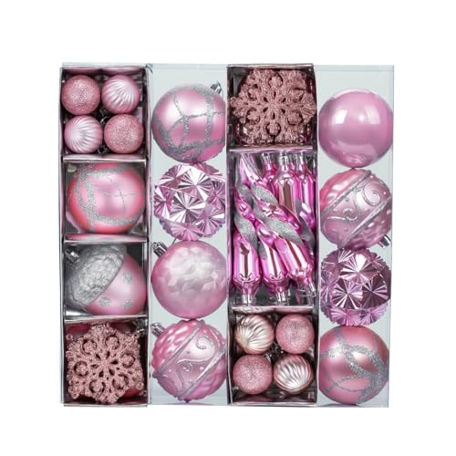 Pink Christmas Ornaments Set - 62 Shatterproof Plastic Baubles for Tree Decor