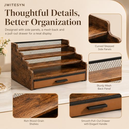 Brown Wooden 4-Tier Cologne Organizer Stand with Drawer - Square