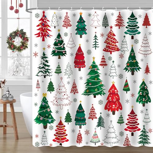 Christmas Shower Curtain Set with Snowman and Tree Design - Red Green White, 72x72 inches