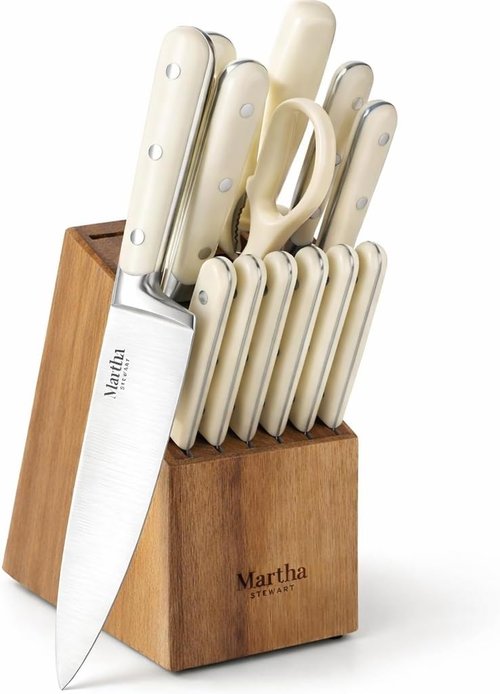 Martha Stewart 14-Piece High Carbon Stainless Steel Cutlery Set - Forged Handles & Acacia Block | Linen White