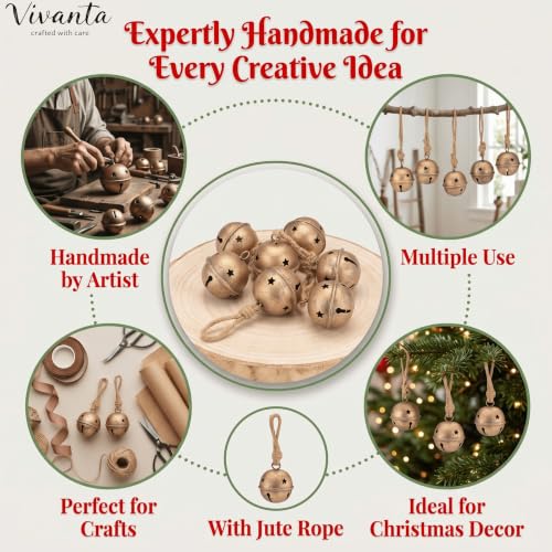 Gold Sleigh Bells for Christmas Decorations - 5 Pcs Brass Finish Rustic Ornaments with Jute Rope