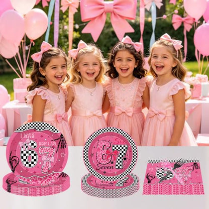Pink Checkerboard 6-7 Birthday Party Tableware Set - Pink Bow 6-7