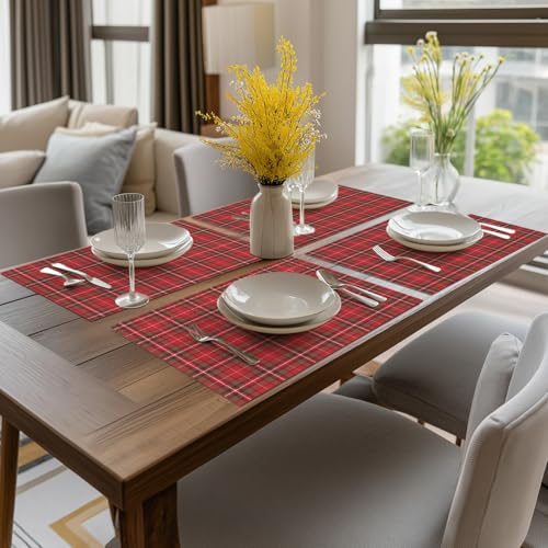 Red Buffalo Plaid Winter Placemats Set of 4 - 12x18 Inch Washable & Heat-Resistant
