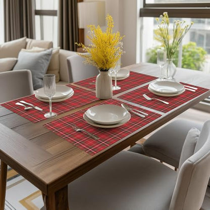 Red Buffalo Plaid Winter Placemats Set of 4 - 12x18 Inch Washable & Heat-Resistant