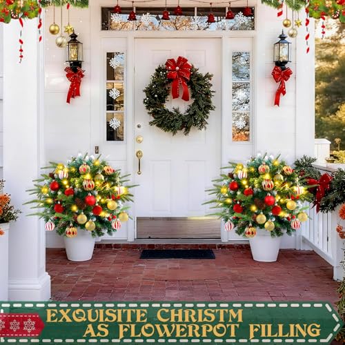 2 Pack Pre-Lit Artificial Christmas Tree Urn Fillers with LED Lights and Ornaments
